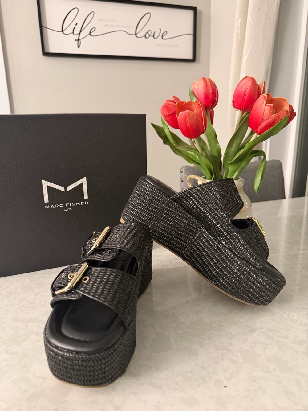 Marc Fisher 🖤 “Poppy” Woven Platform Slide Sandals with Gold Buckles